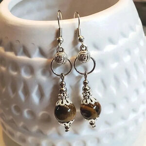Handcrafted Tiger Eye Gemstone Lacy Trim Silver Carved Rose Earrings
